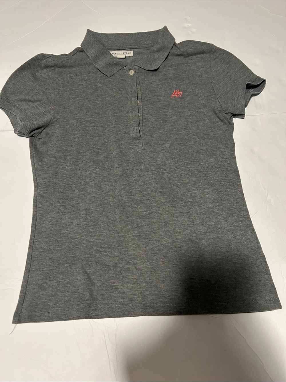 Aeropostale A87 Gray Fitted Polo Shirt Pink Logo Preppy Y2K girls size large